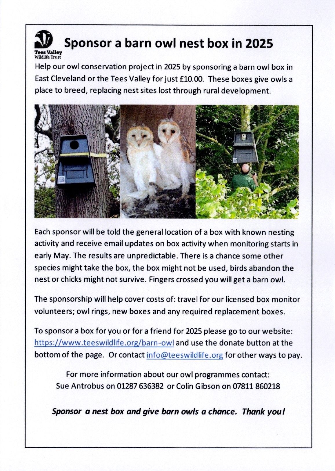 Barn Owl Nest Box Sponsor Form